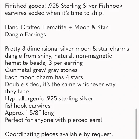 Hand Crafted Earrings Hematite Moon & Star Dangle Pierced Silver Gray Grey - Picture 8 of 9